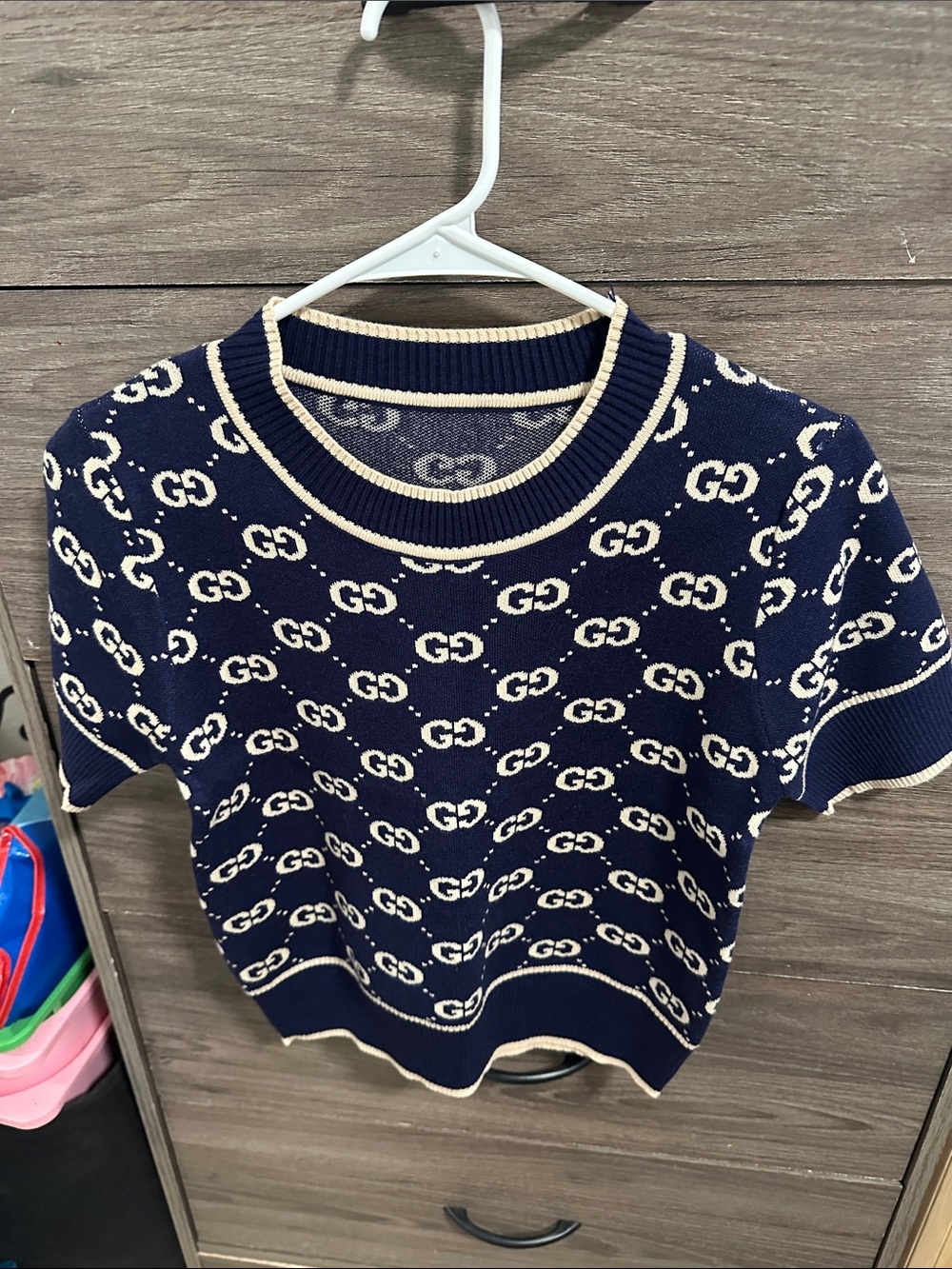 Navy and Cream GG Monogram Knit Tee size S